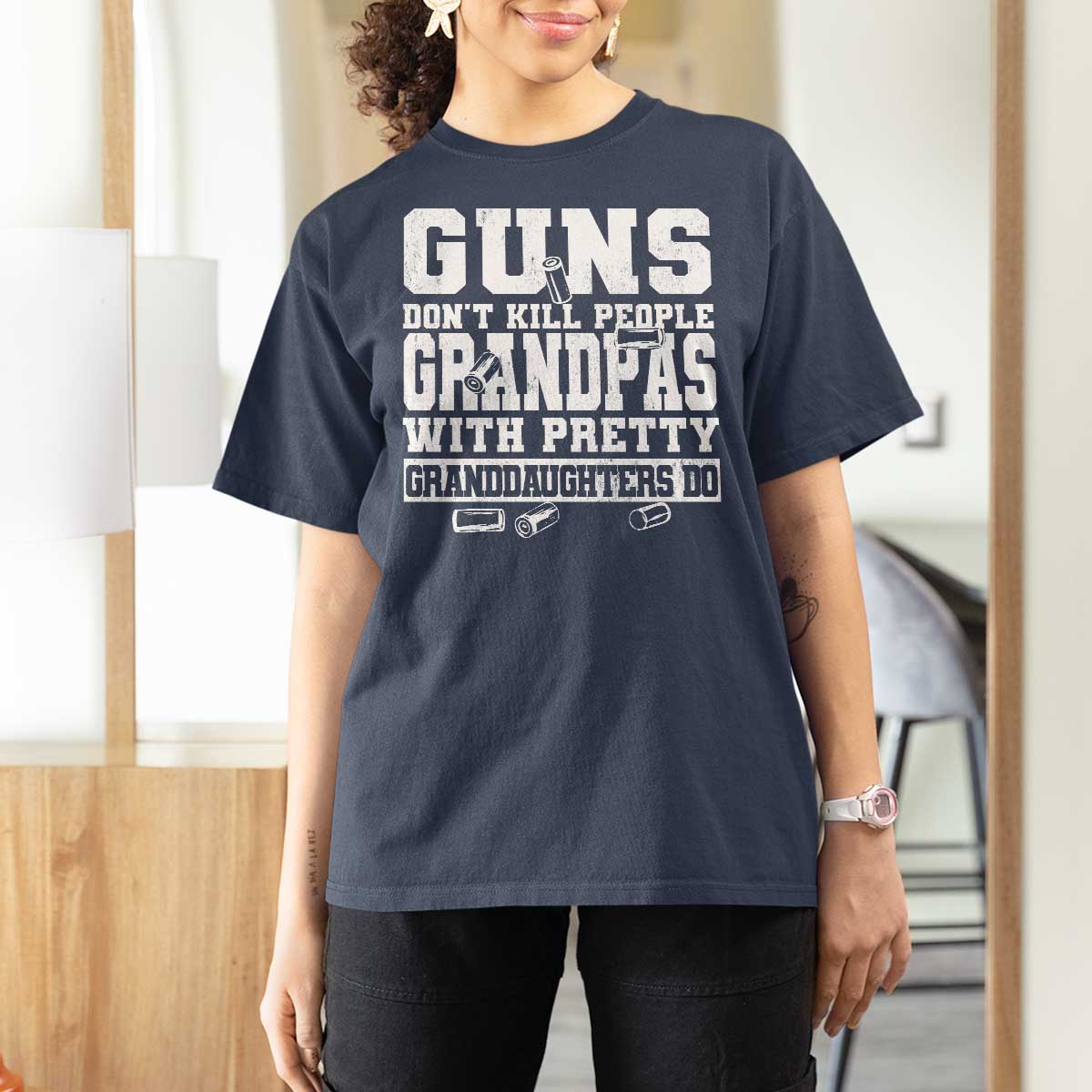 Funny Grandpa T Shirt For Women Guns Dont Kill People Grandpas With Pretty Granddaughters Do