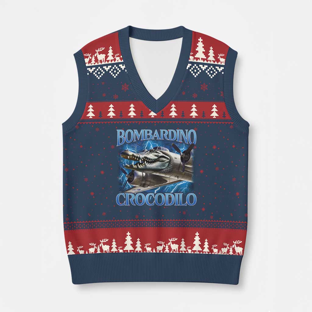 Bombardino Crocodilo V-Neck Knit Sweater Vest Internet Memes Italian Brainrot - Wonder Print Shop