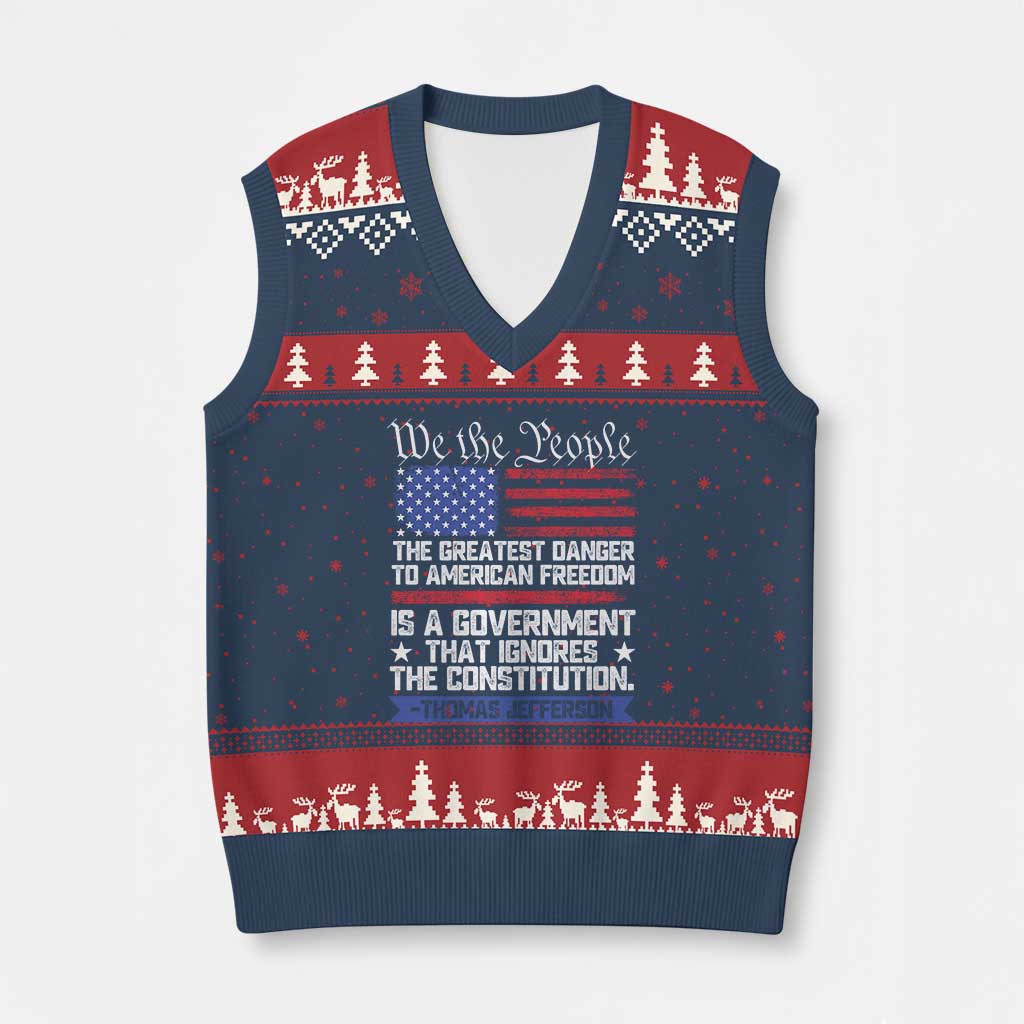 Thomas Jefferson V-Neck Knit Sweater Vest The Greatest Danger To Freedom Patriotic USA Flag - Wonder Print Shop