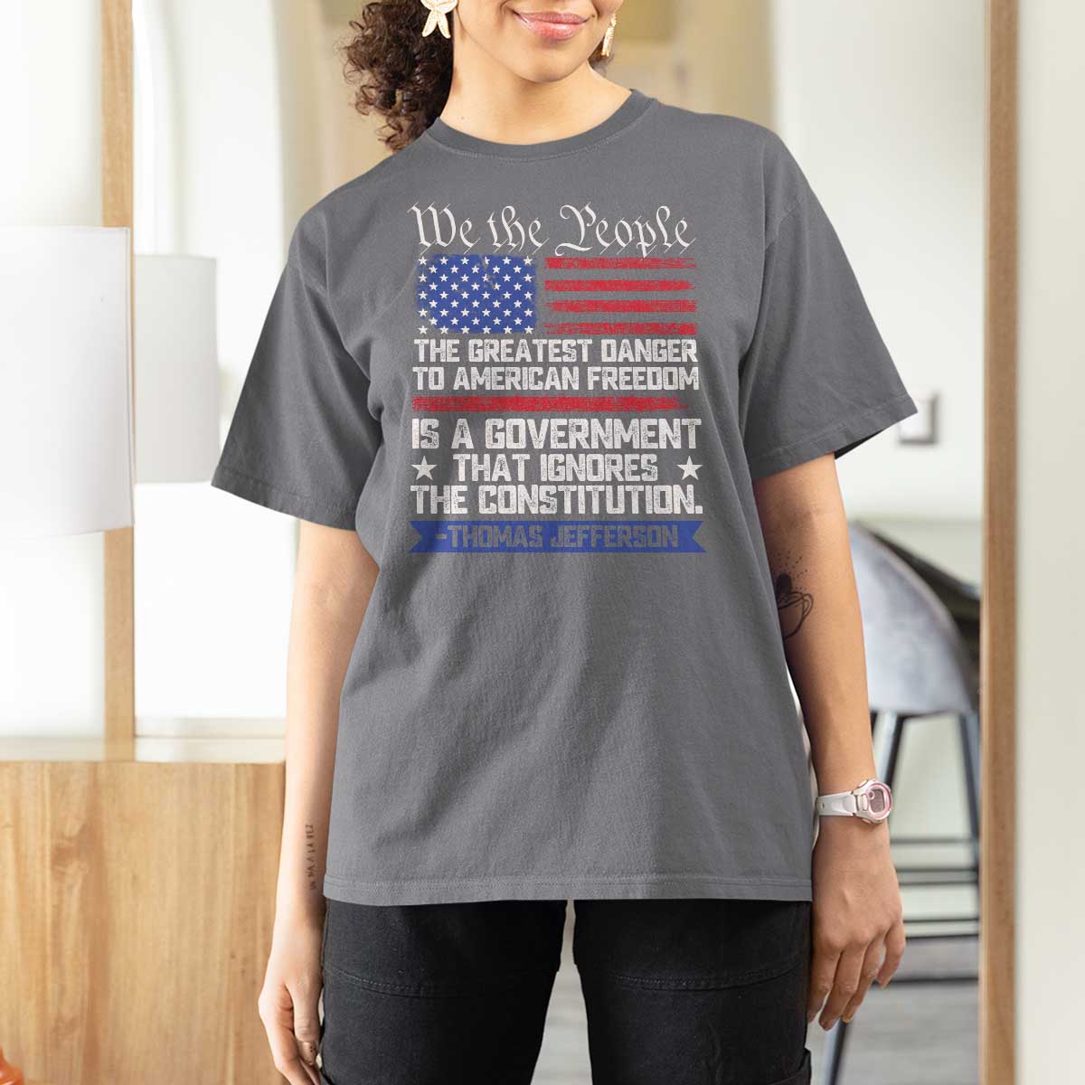 Thomas Jefferson T Shirt For Women The Greatest Danger To Freedom Patriotic USA Flag - Wonder Print Shop