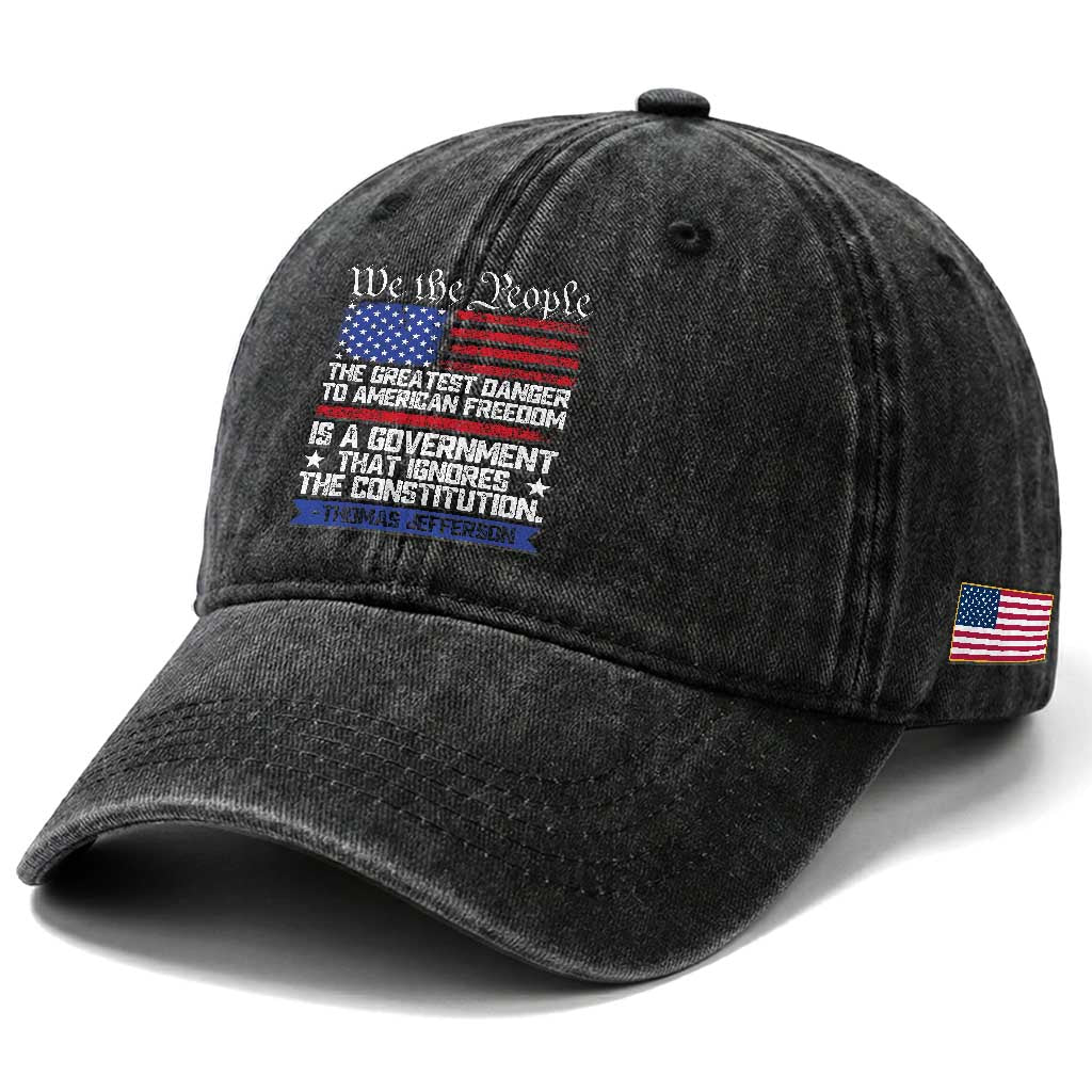 Thomas Jefferson Washed Cotton Baseball Cap The Greatest Danger To Freedom Patriotic USA Flag