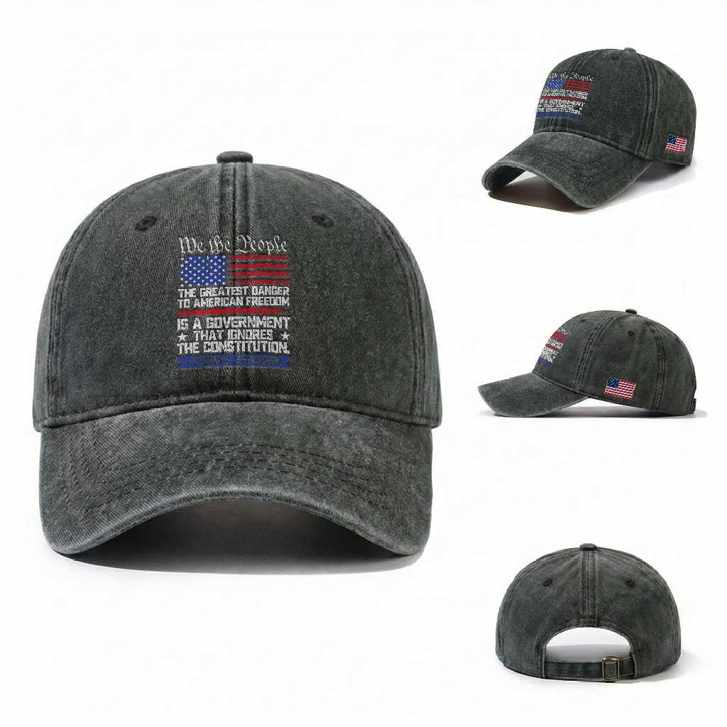 Thomas Jefferson Washed Cotton Baseball Cap The Greatest Danger To Freedom Patriotic USA Flag