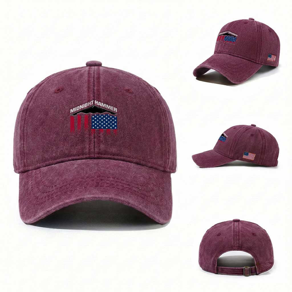 Operation Midnight Hammer Washed Cotton Baseball Cap Tactical Warfare Jets Bombers Military American Flag