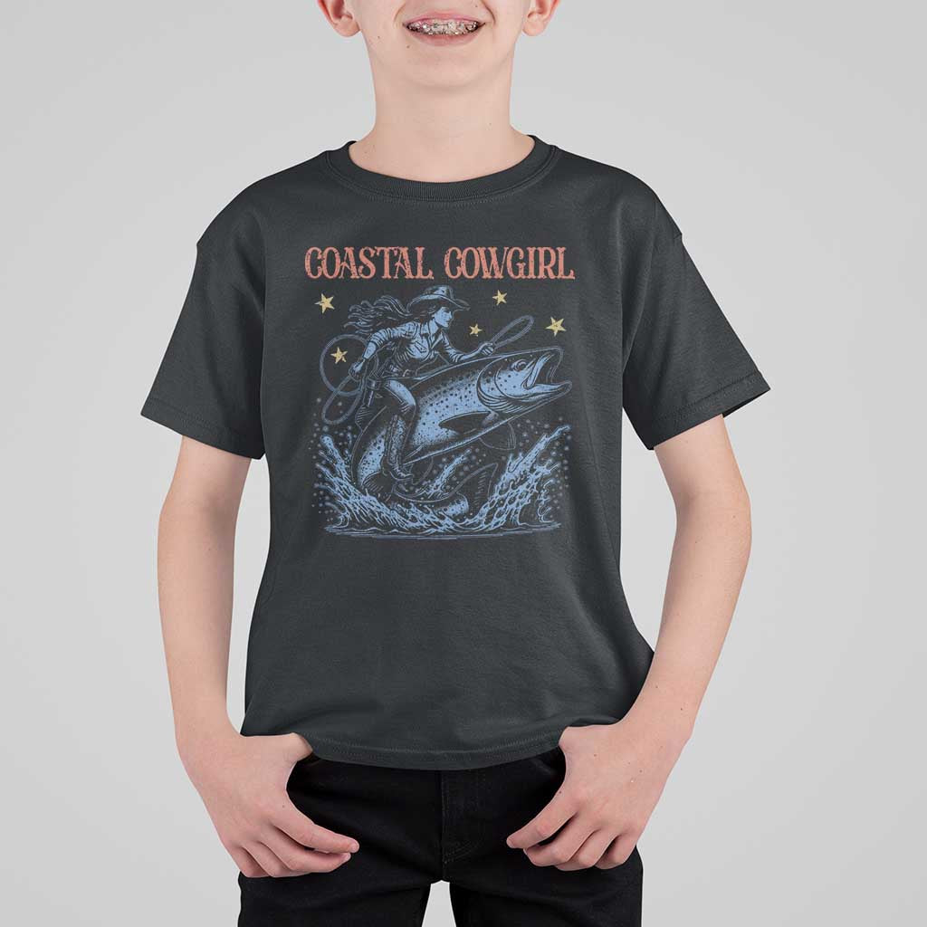 Coastal Cowgirl T Shirt For Kid Funny Western Country Rodeo Cowgirl Fishing - Wonder Print Shop