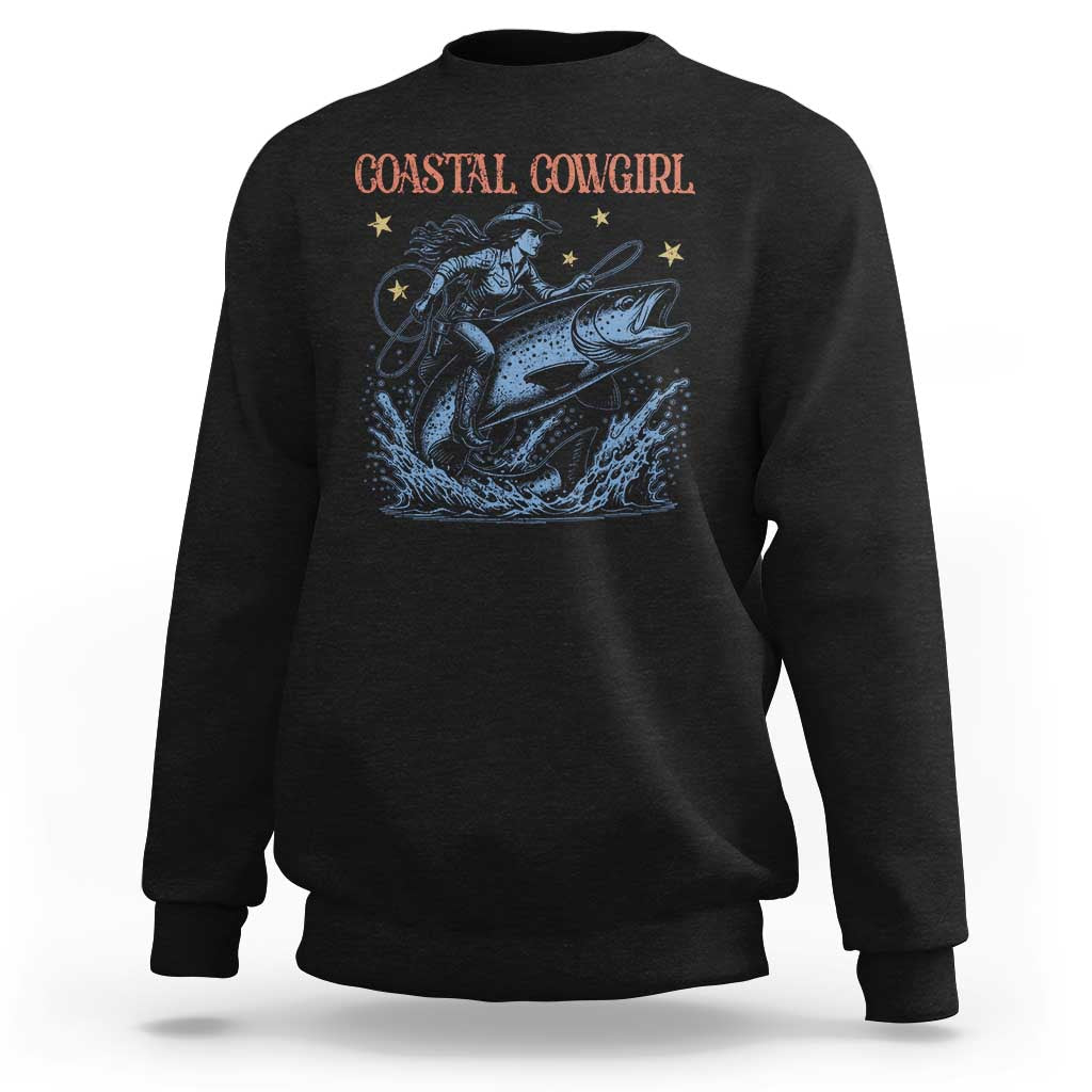 Coastal Cowgirl Sweatshirt Funny Western Country Rodeo Cowgirl Fishing - Wonder Print Shop