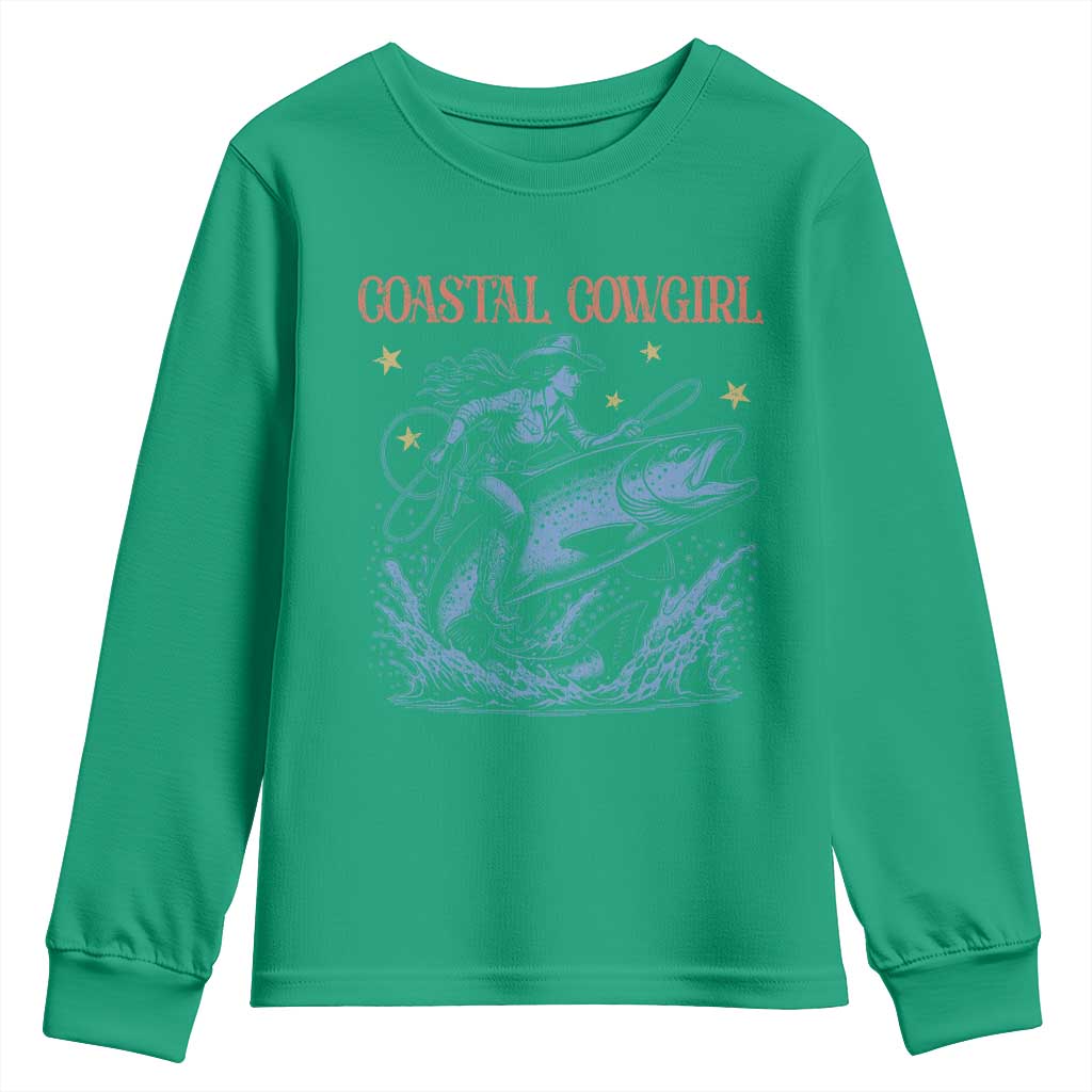 Coastal Cowgirl Youth Sweatshirt Funny Western Country Rodeo Cowgirl Fishing - Wonder Print Shop
