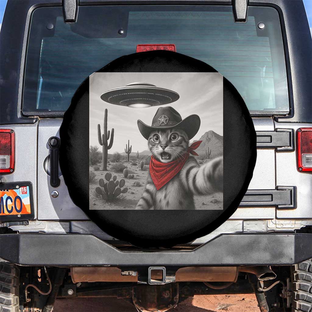 Vintage UFO Cowboy Cat Spare Tire Cover Retro 90s Western Rodeo Kitten Cat Selfie With Alien UFO - Wonder Print Shop