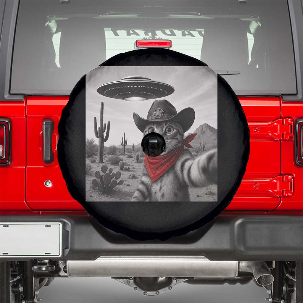 Vintage UFO Cowboy Cat Spare Tire Cover Retro 90s Western Rodeo Kitten Cat Selfie With Alien UFO - Wonder Print Shop