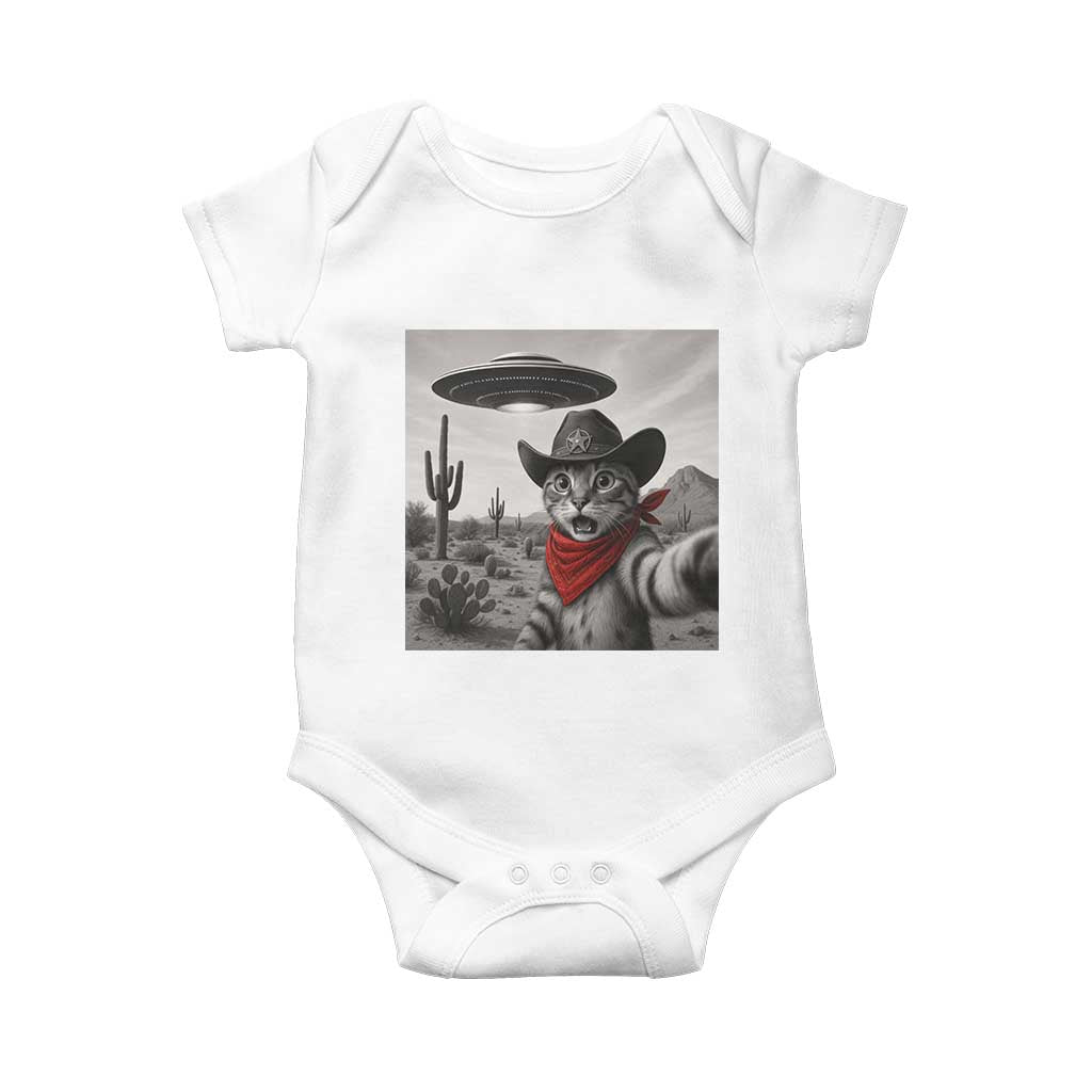 Vintage UFO Cowboy Cat Baby Onesie Retro 90s Western Rodeo Kitten Cat Selfie With Alien UFO - Wonder Print Shop