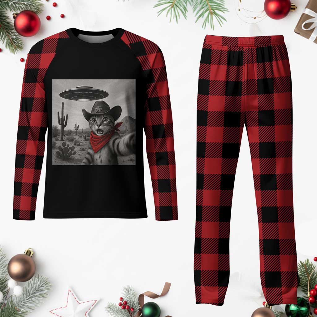 Vintage UFO Cowboy Cat Plaid Pajama Set Retro 90s Western Rodeo Kitten Cat Selfie With Alien UFO - Wonder Print Shop