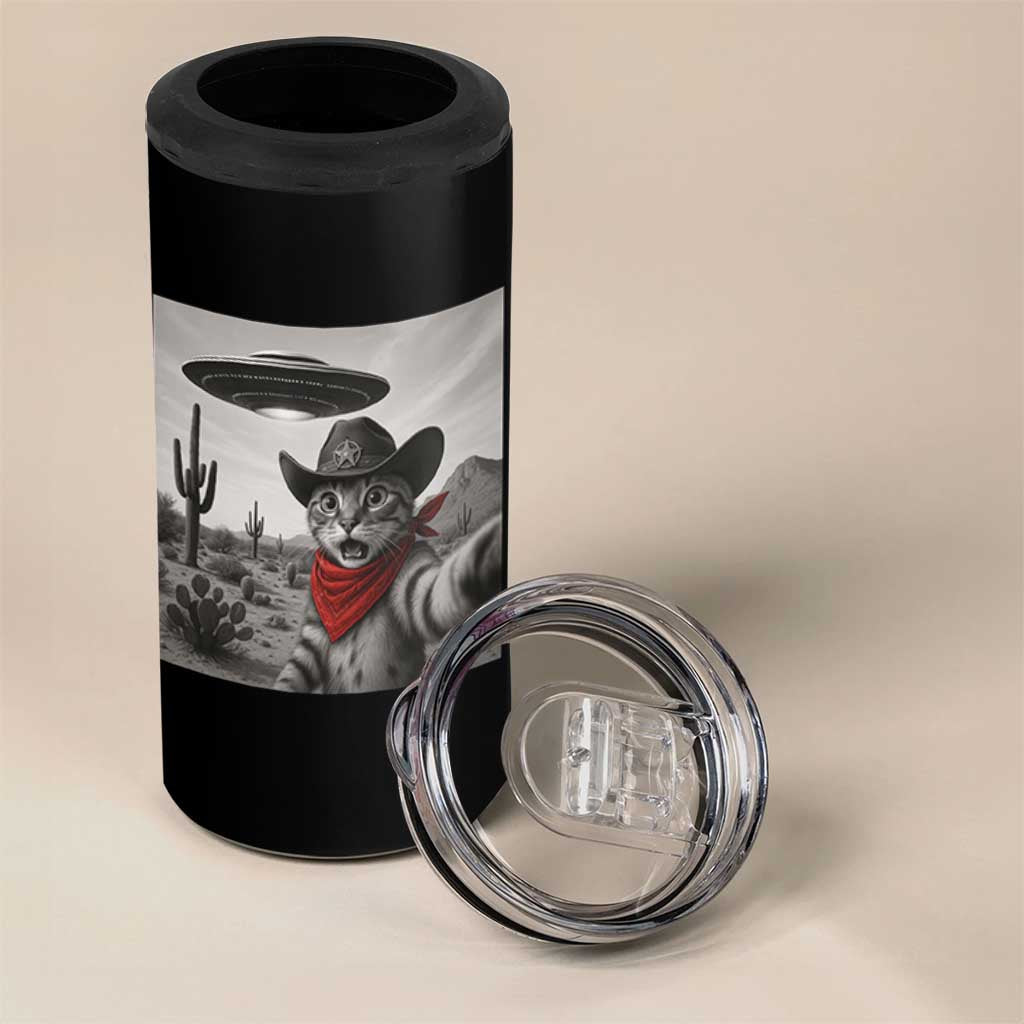 Vintage UFO Cowboy Cat 4 in 1 Can Cooler Tumbler Retro 90s Western Rodeo Kitten Cat Selfie With Alien UFO - Wonder Print Shop