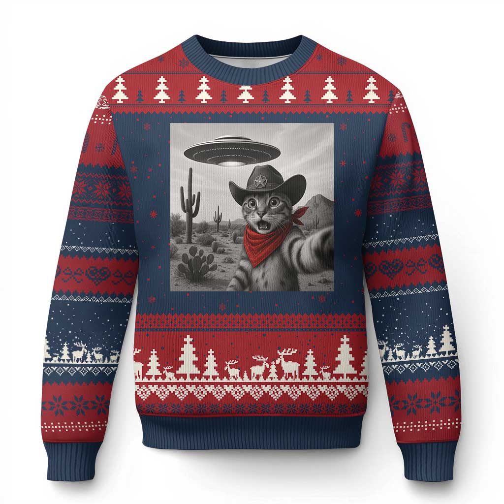 Vintage UFO Cowboy Cat Ugly Christmas Sweater Retro 90s Western Rodeo Kitten Cat Selfie With Alien UFO - Wonder Print Shop