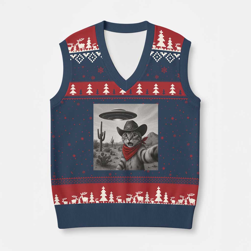 Vintage UFO Cowboy Cat V-Neck Knit Sweater Vest Retro 90s Western Rodeo Kitten Cat Selfie With Alien UFO - Wonder Print Shop