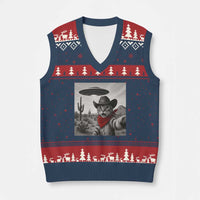 Vintage UFO Cowboy Cat V-Neck Knit Sweater Vest Retro 90s Western Rodeo Kitten Cat Selfie With Alien UFO - Wonder Print Shop