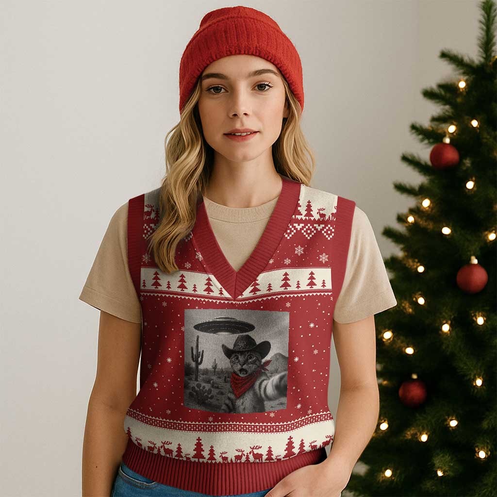 Vintage UFO Cowboy Cat V-Neck Knit Sweater Vest Retro 90s Western Rodeo Kitten Cat Selfie With Alien UFO - Wonder Print Shop