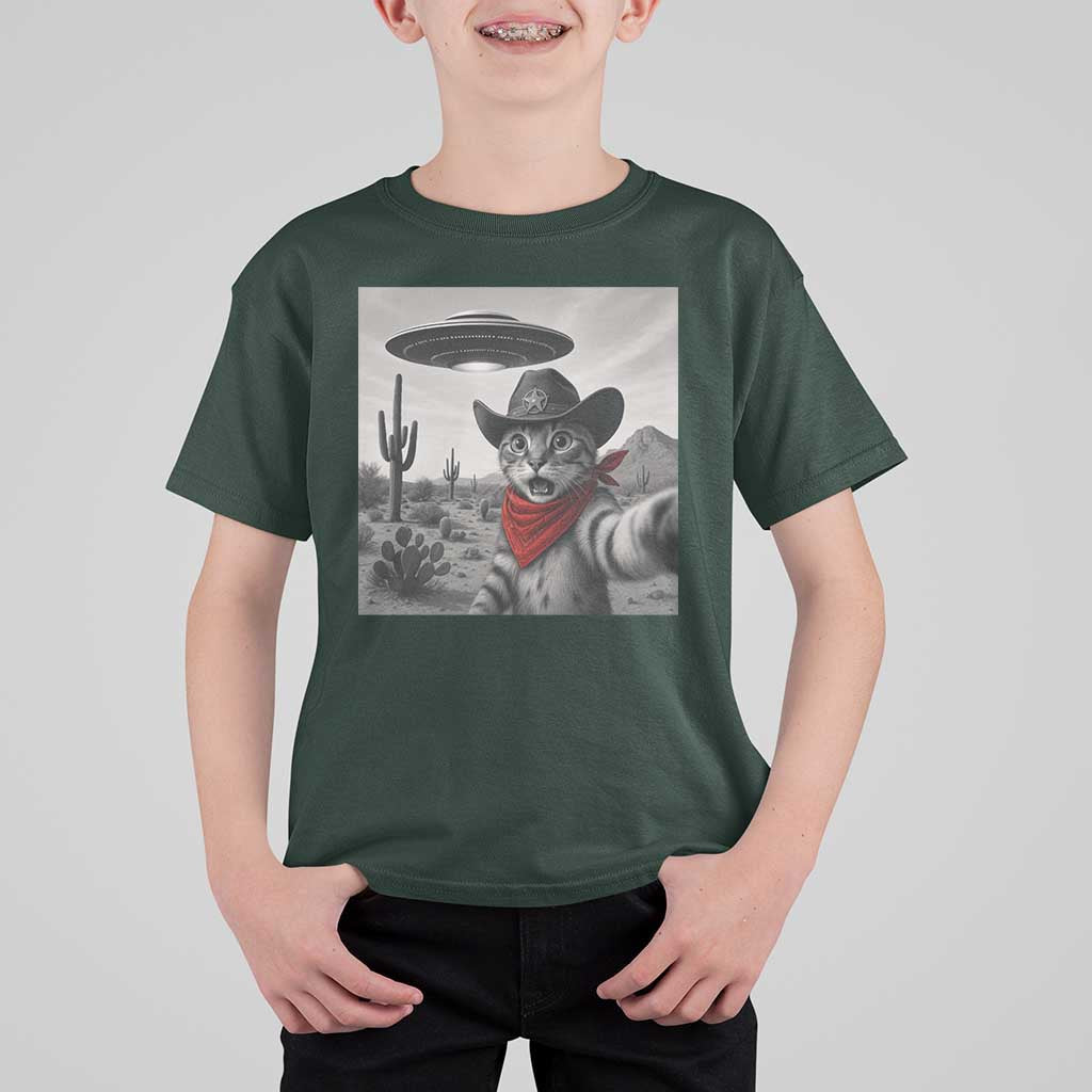 Vintage UFO Cowboy Cat T Shirt For Kid Retro 90s Western Rodeo Kitten Cat Selfie With Alien UFO - Wonder Print Shop