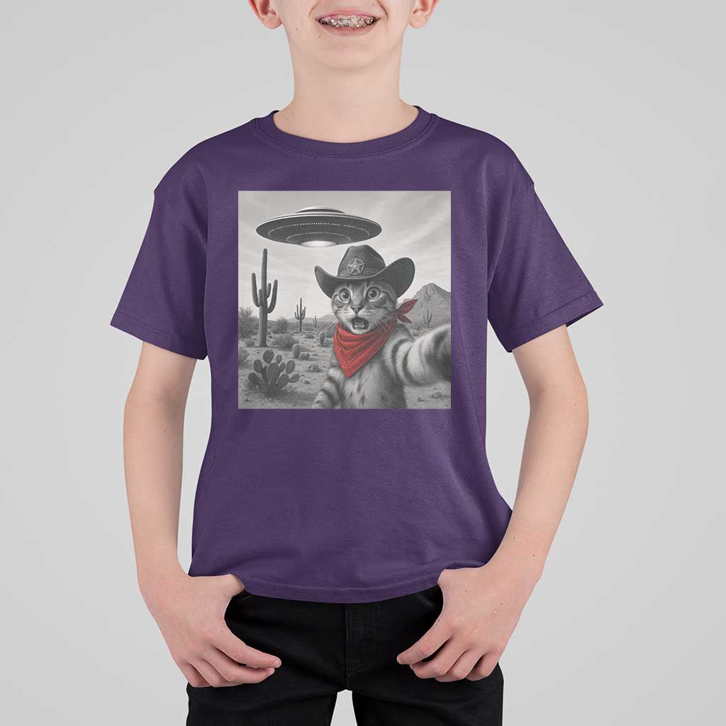 Vintage UFO Cowboy Cat T Shirt For Kid Retro 90s Western Rodeo Kitten Cat Selfie With Alien UFO - Wonder Print Shop