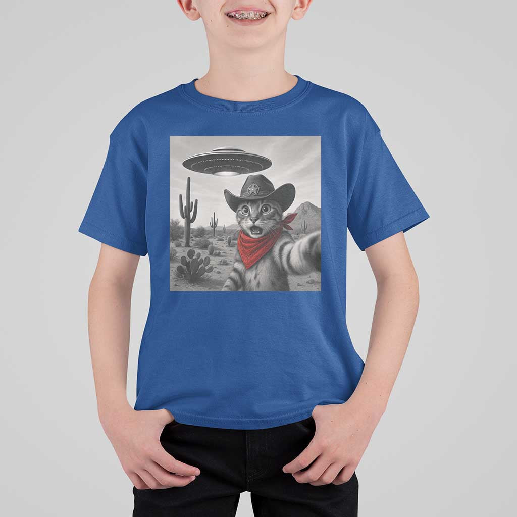 Vintage UFO Cowboy Cat T Shirt For Kid Retro 90s Western Rodeo Kitten Cat Selfie With Alien UFO - Wonder Print Shop