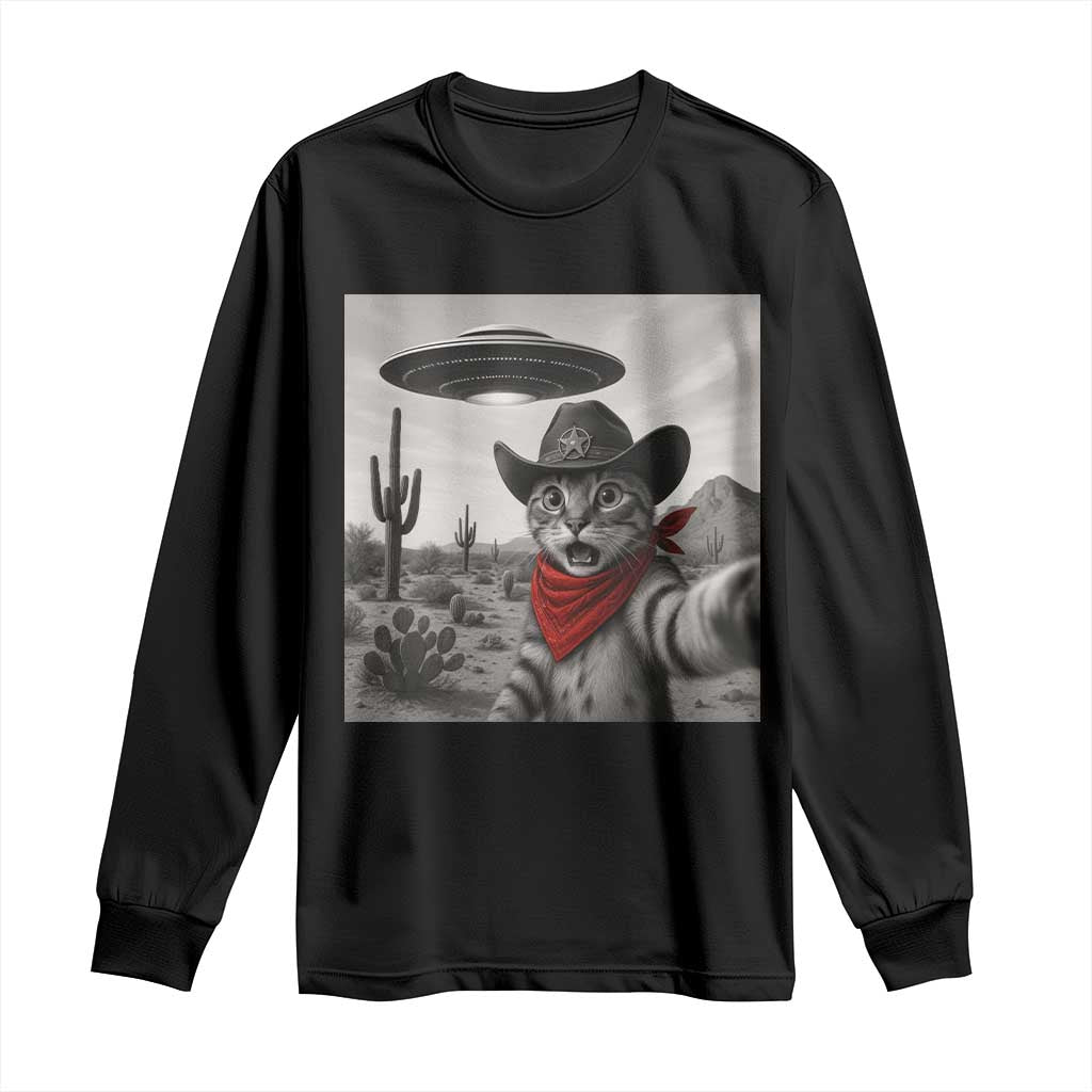 Vintage UFO Cowboy Cat Long Sleeve Shirt Retro 90s Western Rodeo Kitten Cat Selfie With Alien UFO - Wonder Print Shop