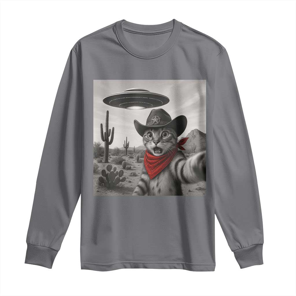Vintage UFO Cowboy Cat Long Sleeve Shirt Retro 90s Western Rodeo Kitten Cat Selfie With Alien UFO - Wonder Print Shop