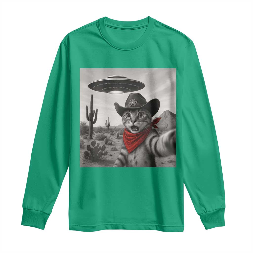 Vintage UFO Cowboy Cat Long Sleeve Shirt Retro 90s Western Rodeo Kitten Cat Selfie With Alien UFO - Wonder Print Shop