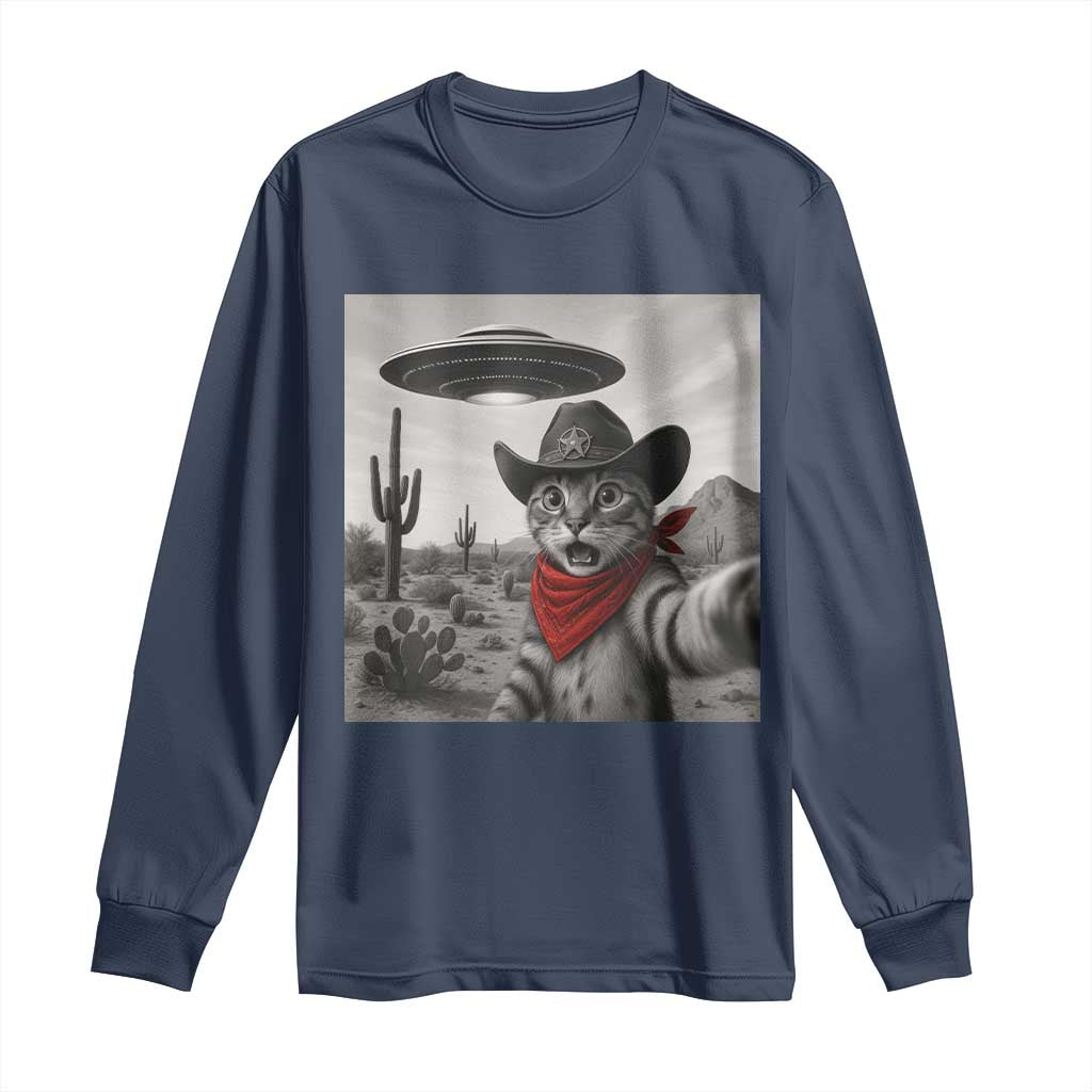 Vintage UFO Cowboy Cat Long Sleeve Shirt Retro 90s Western Rodeo Kitten Cat Selfie With Alien UFO - Wonder Print Shop