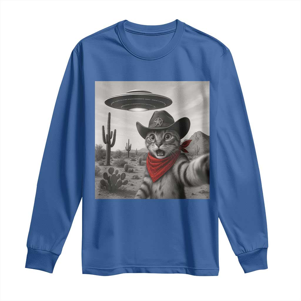 Vintage UFO Cowboy Cat Long Sleeve Shirt Retro 90s Western Rodeo Kitten Cat Selfie With Alien UFO - Wonder Print Shop