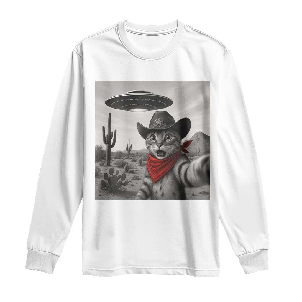 Vintage UFO Cowboy Cat Long Sleeve Shirt Retro 90s Western Rodeo Kitten Cat Selfie With Alien UFO - Wonder Print Shop