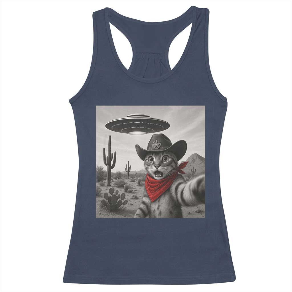 Vintage UFO Cowboy Cat Racerback Tank Top Retro 90s Western Rodeo Kitten Cat Selfie With Alien UFO - Wonder Print Shop