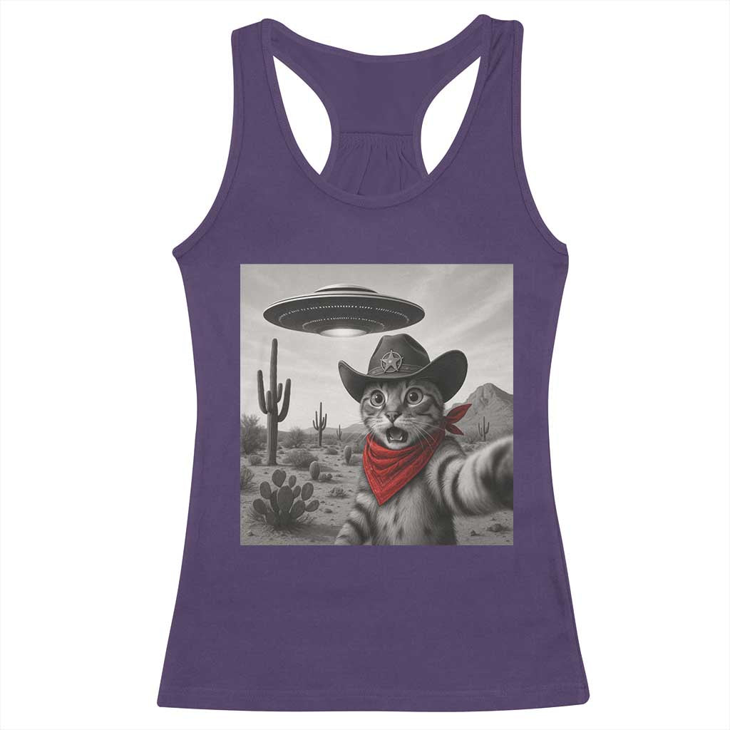 Vintage UFO Cowboy Cat Racerback Tank Top Retro 90s Western Rodeo Kitten Cat Selfie With Alien UFO - Wonder Print Shop