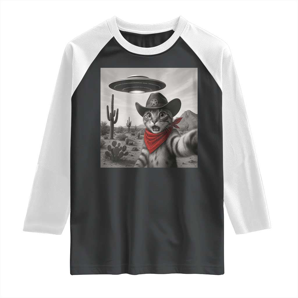 Vintage UFO Cowboy Cat Raglan Shirt Retro 90s Western Rodeo Kitten Cat Selfie With Alien UFO - Wonder Print Shop