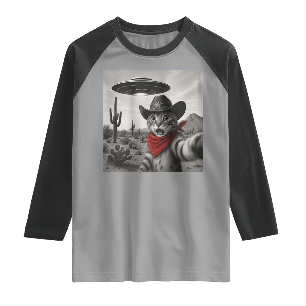 Vintage UFO Cowboy Cat Raglan Shirt Retro 90s Western Rodeo Kitten Cat Selfie With Alien UFO - Wonder Print Shop