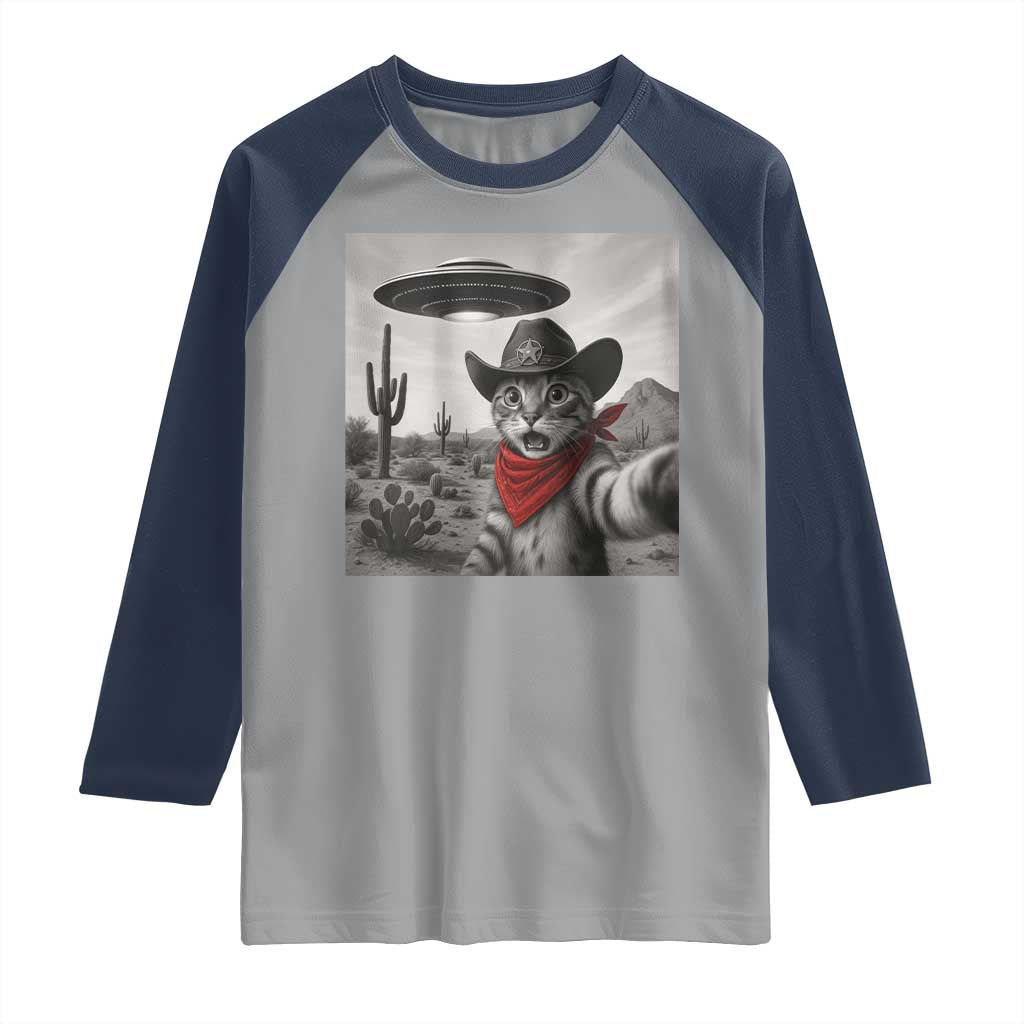 Vintage UFO Cowboy Cat Raglan Shirt Retro 90s Western Rodeo Kitten Cat Selfie With Alien UFO - Wonder Print Shop