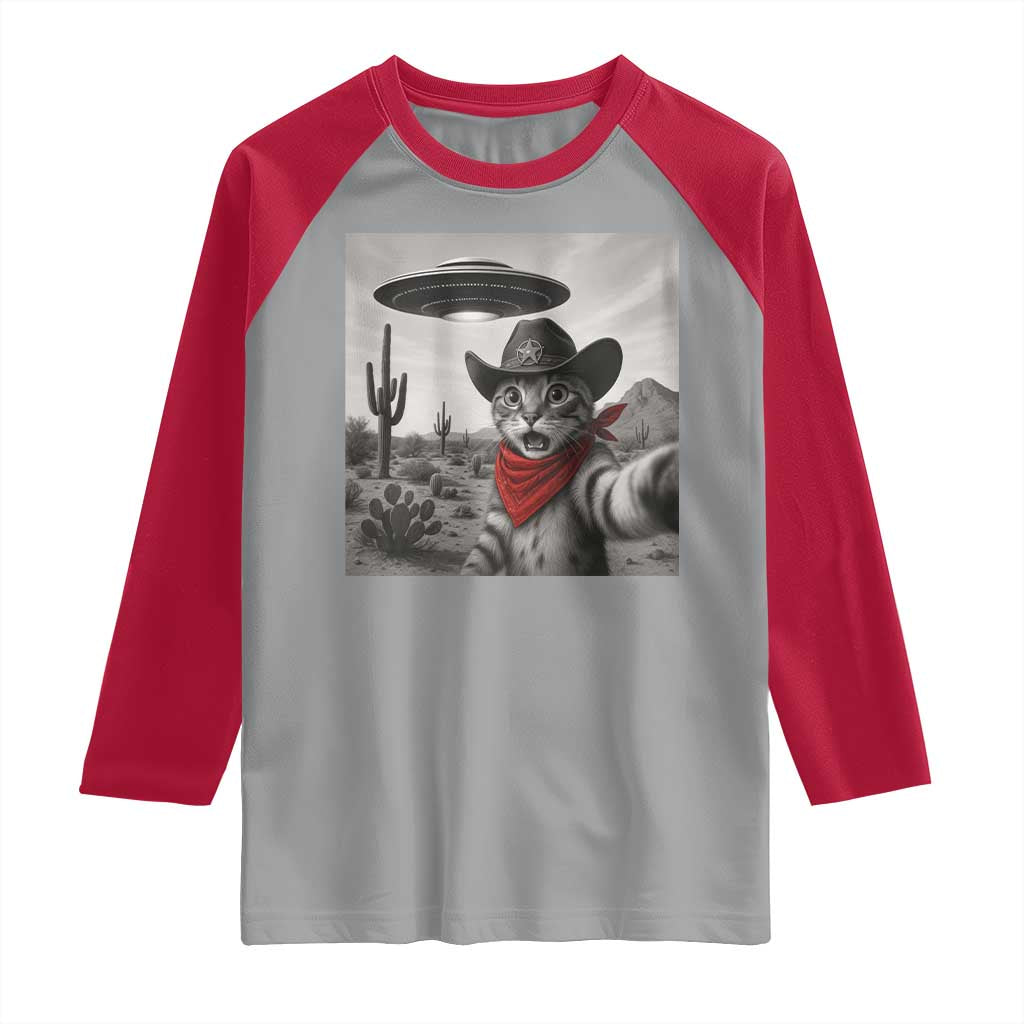 Vintage UFO Cowboy Cat Raglan Shirt Retro 90s Western Rodeo Kitten Cat Selfie With Alien UFO - Wonder Print Shop