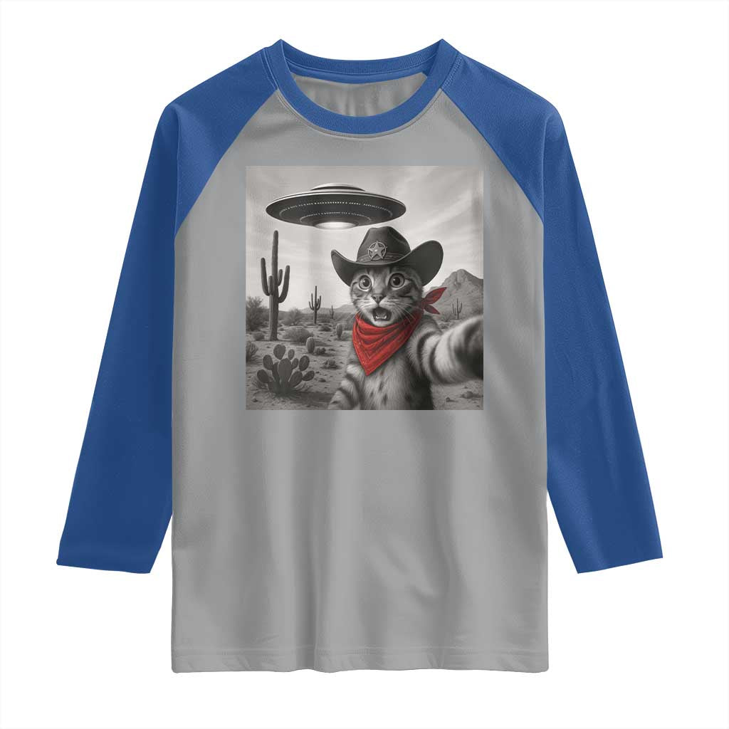 Vintage UFO Cowboy Cat Raglan Shirt Retro 90s Western Rodeo Kitten Cat Selfie With Alien UFO - Wonder Print Shop