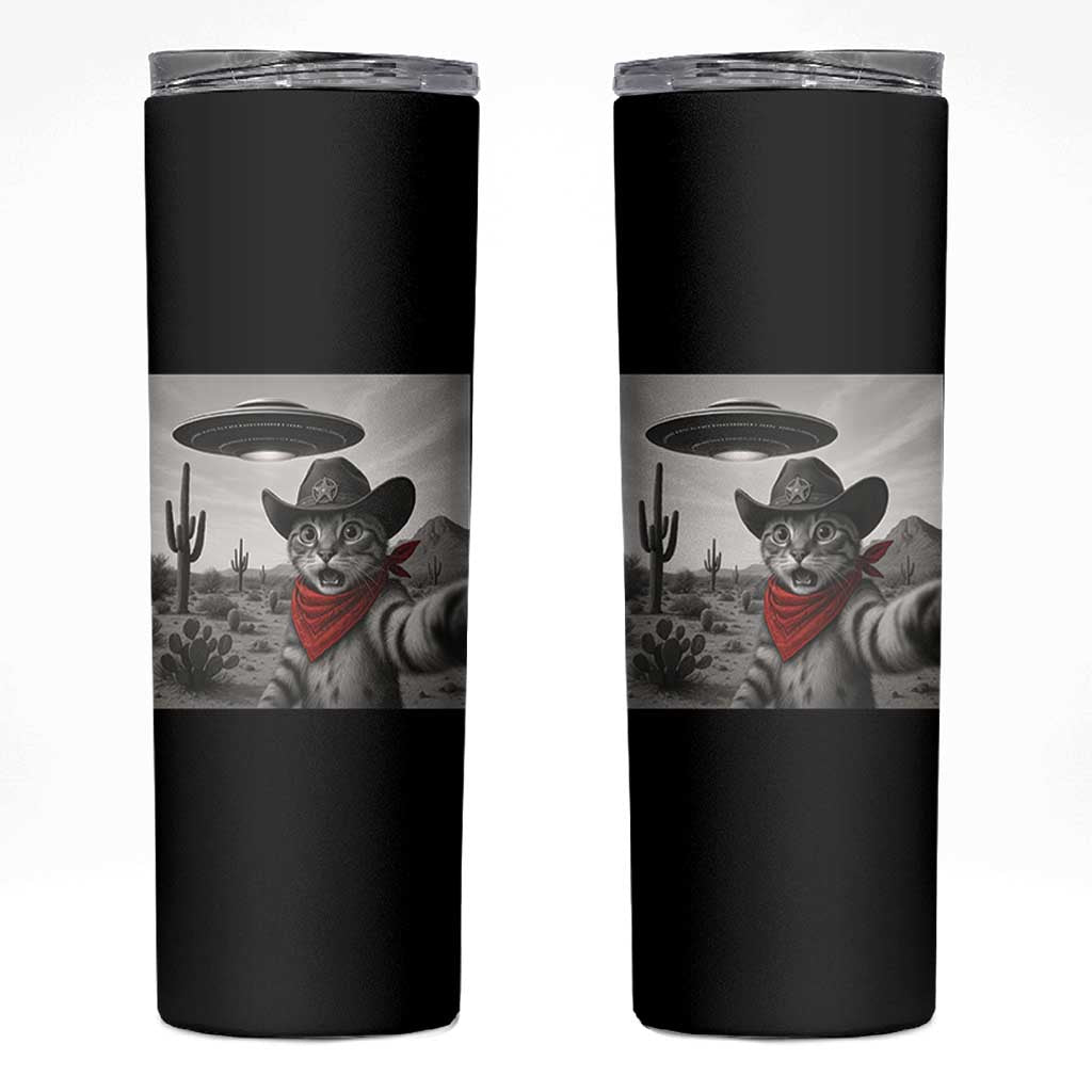 Vintage UFO Cowboy Cat Skinny Tumbler Retro 90s Western Rodeo Kitten Cat Selfie With Alien UFO - Wonder Print Shop