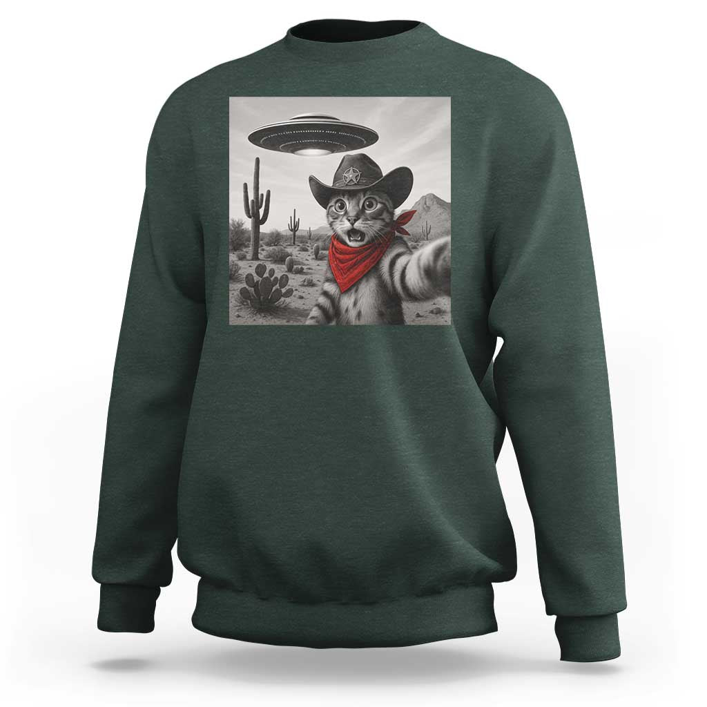 Vintage UFO Cowboy Cat Sweatshirt Retro 90s Western Rodeo Kitten Cat Selfie With Alien UFO - Wonder Print Shop
