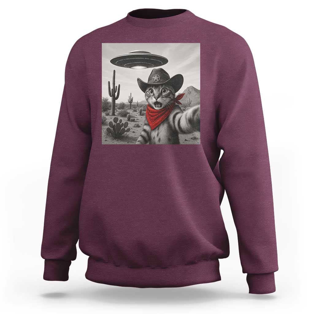 Vintage UFO Cowboy Cat Sweatshirt Retro 90s Western Rodeo Kitten Cat Selfie With Alien UFO - Wonder Print Shop