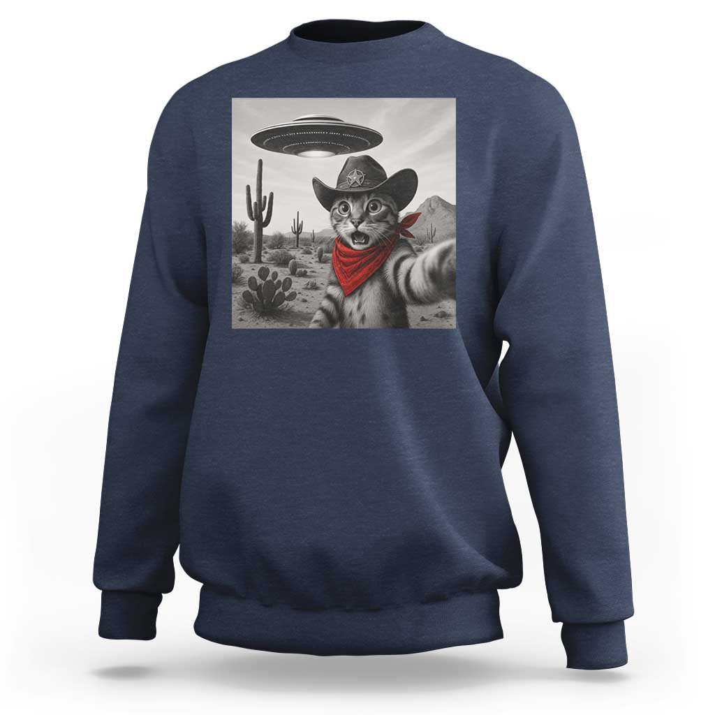 Vintage UFO Cowboy Cat Sweatshirt Retro 90s Western Rodeo Kitten Cat Selfie With Alien UFO - Wonder Print Shop