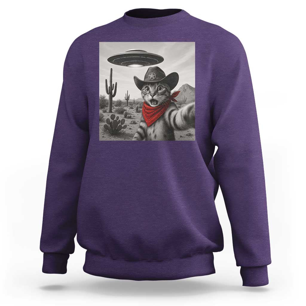Vintage UFO Cowboy Cat Sweatshirt Retro 90s Western Rodeo Kitten Cat Selfie With Alien UFO - Wonder Print Shop