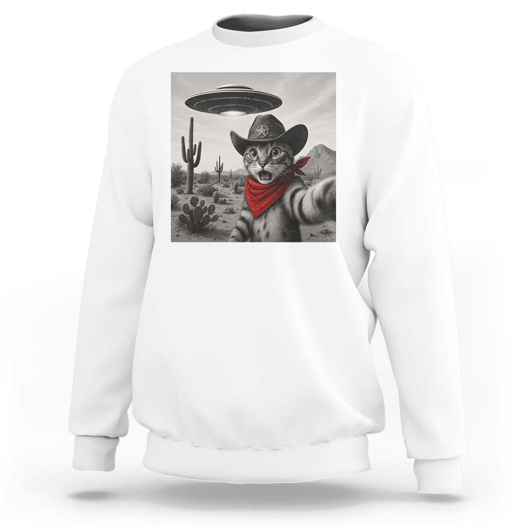 Vintage UFO Cowboy Cat Sweatshirt Retro 90s Western Rodeo Kitten Cat Selfie With Alien UFO - Wonder Print Shop