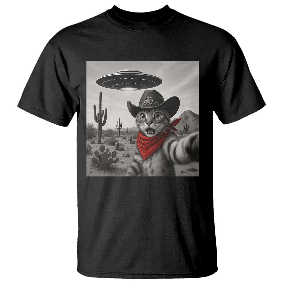 Vintage UFO Cowboy Cat T Shirt Retro 90s Western Rodeo Kitten Cat Selfie With Alien UFO - Wonder Print Shop