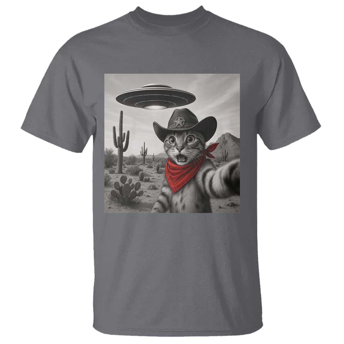 Vintage UFO Cowboy Cat T Shirt Retro 90s Western Rodeo Kitten Cat Selfie With Alien UFO - Wonder Print Shop