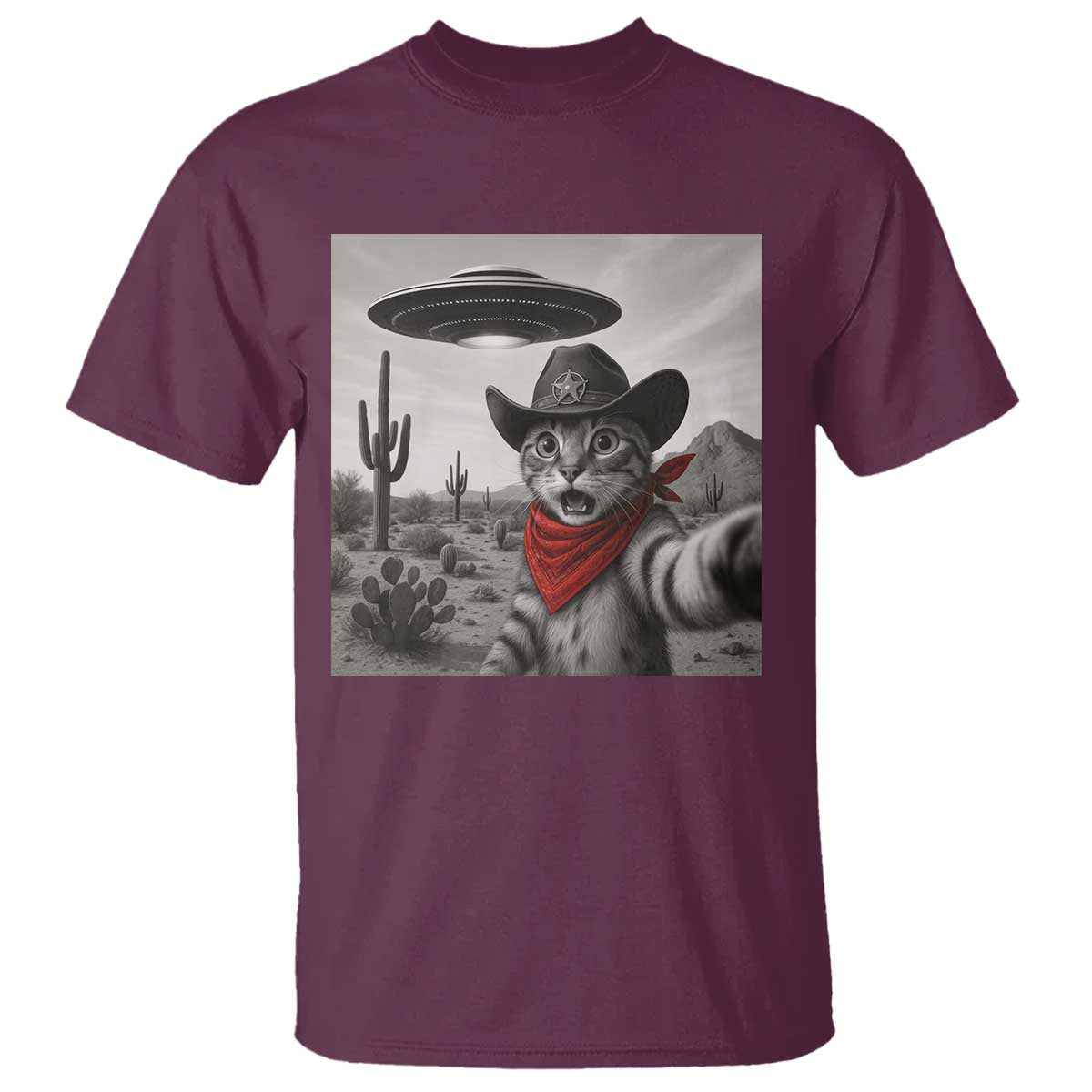 Vintage UFO Cowboy Cat T Shirt Retro 90s Western Rodeo Kitten Cat Selfie With Alien UFO - Wonder Print Shop