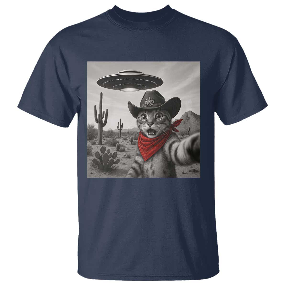 Vintage UFO Cowboy Cat T Shirt Retro 90s Western Rodeo Kitten Cat Selfie With Alien UFO - Wonder Print Shop