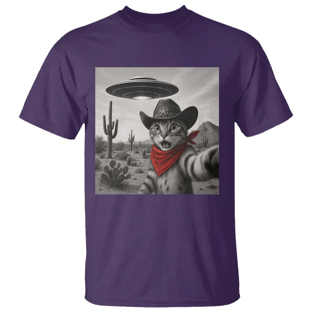 Vintage UFO Cowboy Cat T Shirt Retro 90s Western Rodeo Kitten Cat Selfie With Alien UFO - Wonder Print Shop