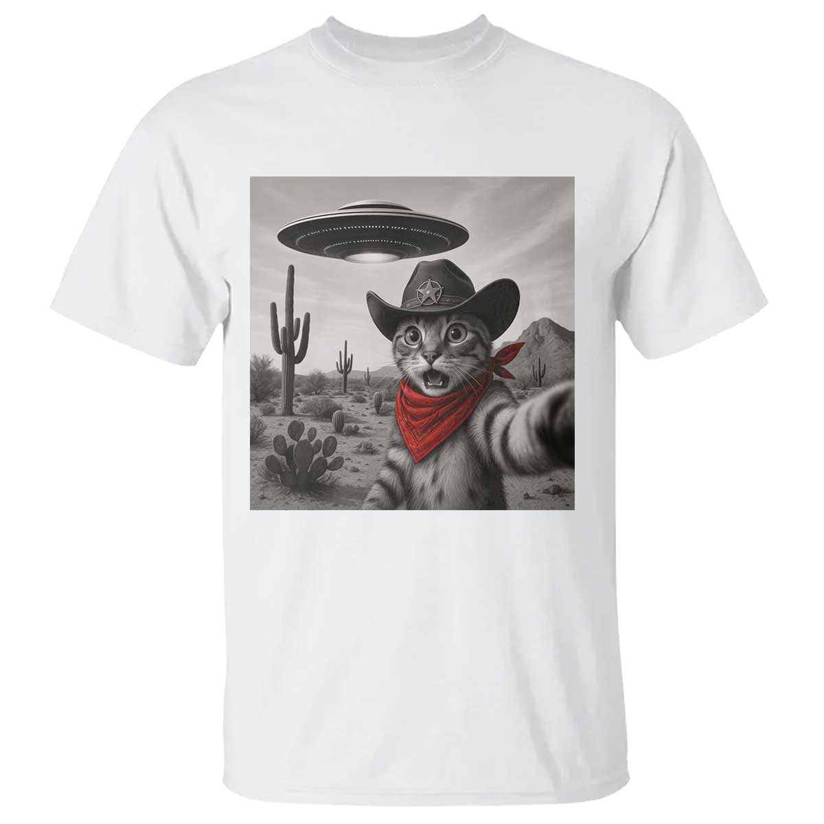 Vintage UFO Cowboy Cat T Shirt Retro 90s Western Rodeo Kitten Cat Selfie With Alien UFO - Wonder Print Shop