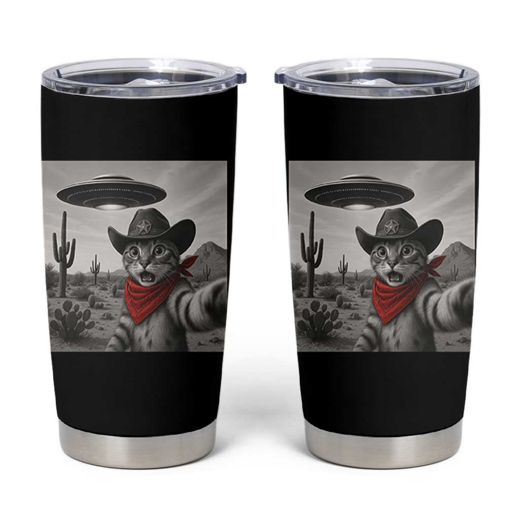 Vintage UFO Cowboy Cat Tumbler Cup Retro 90s Western Rodeo Kitten Cat Selfie With Alien UFO - Wonder Print Shop