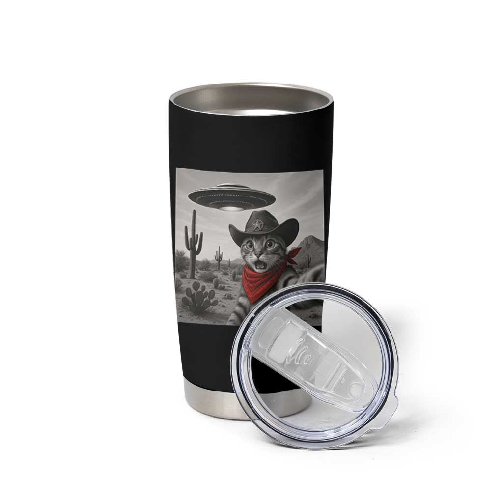 Vintage UFO Cowboy Cat Tumbler Cup Retro 90s Western Rodeo Kitten Cat Selfie With Alien UFO - Wonder Print Shop