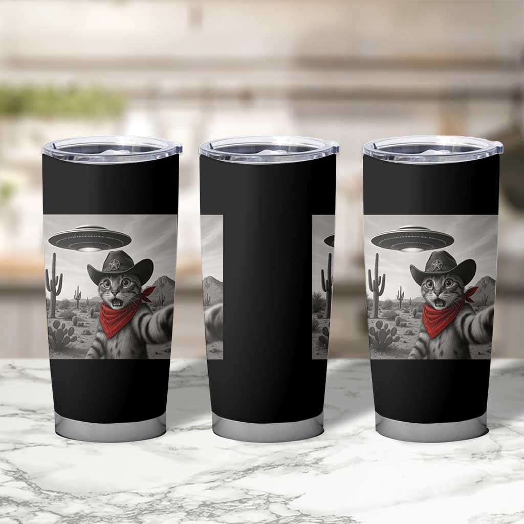 Vintage UFO Cowboy Cat Tumbler Cup Retro 90s Western Rodeo Kitten Cat Selfie With Alien UFO - Wonder Print Shop